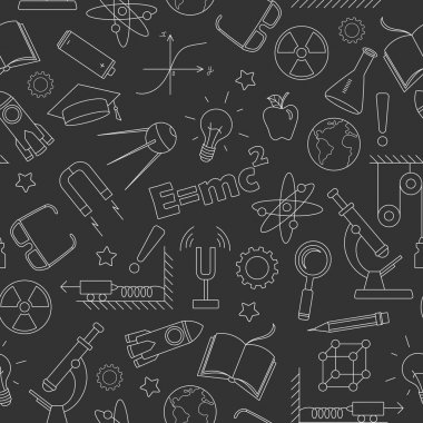 Fizik eğitimi, koyu arka plan basit ışık kontur simgeleri konusu konulu seamless modeli