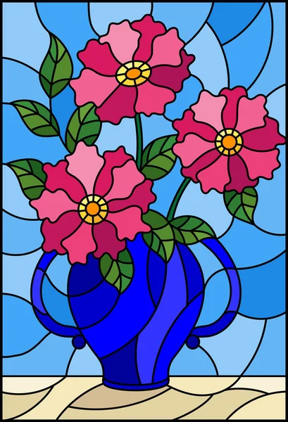 Иллюстрация в витражном стиле с натюрмортом, букет розовых цветов в синей вазе — стоковый вектор