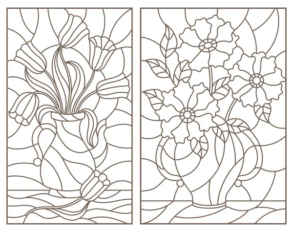 Conjunto de ilustraciones de vitrales de contorno, ramos de flores en jarrones, contornos oscuros sobre un fondo blanco — Vector de stock