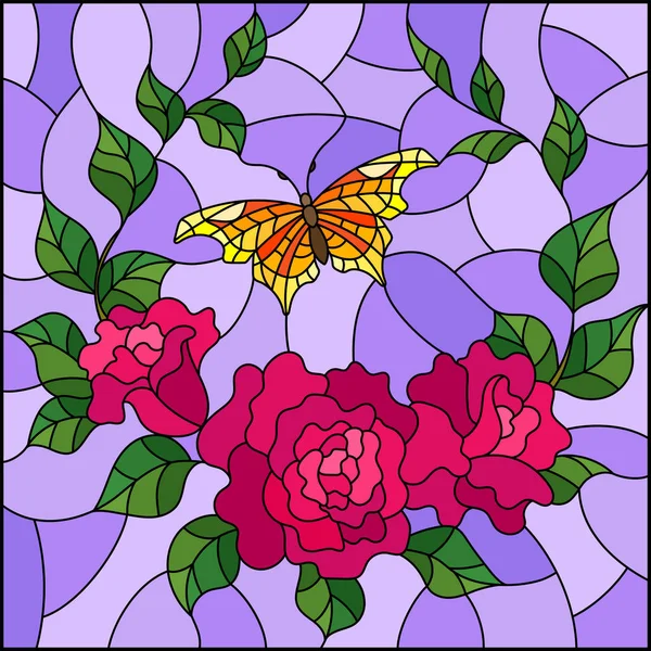 Ilustração em estilo vitral com flores e folhas de rosa rosa, e borboleta laranja, imagem quadrada — Vetor de Stock