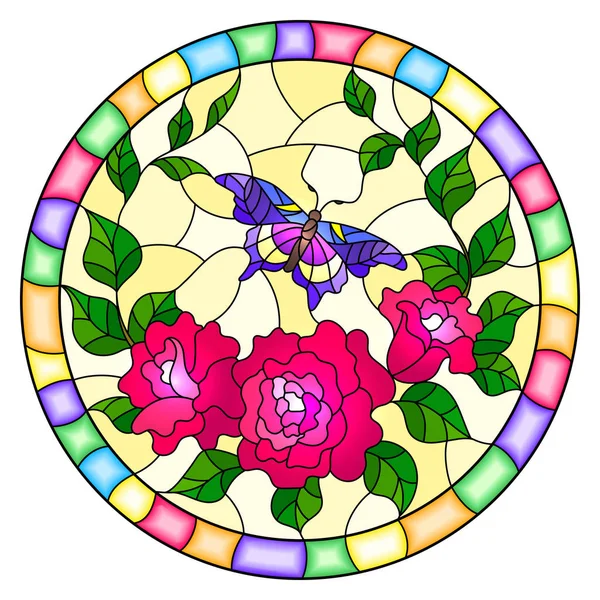 Illustration dans le style vitrail avec des fleurs roses et des feuilles de rose rose, et l'image ronde de papillon violet dans un cadre lumineux — Image vectorielle