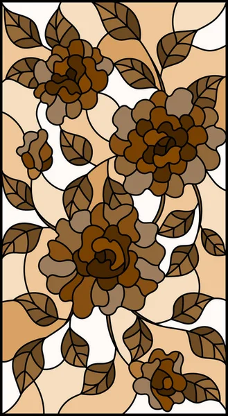 Illustration en vitrail avec des fleurs et des feuilles de roses, ton brun, sépia — Image vectorielle