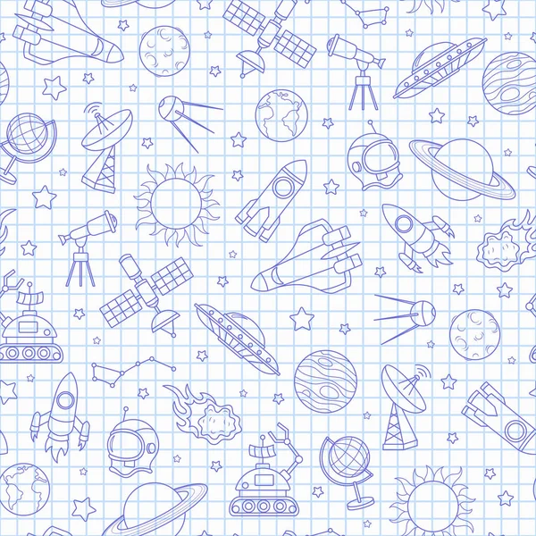 Patrón inconsútil sobre el tema del vuelo espacial y espacial, iconos de contorno azul en la hoja de libro de escritura limpia en una jaula — Archivo Imágenes Vectoriales