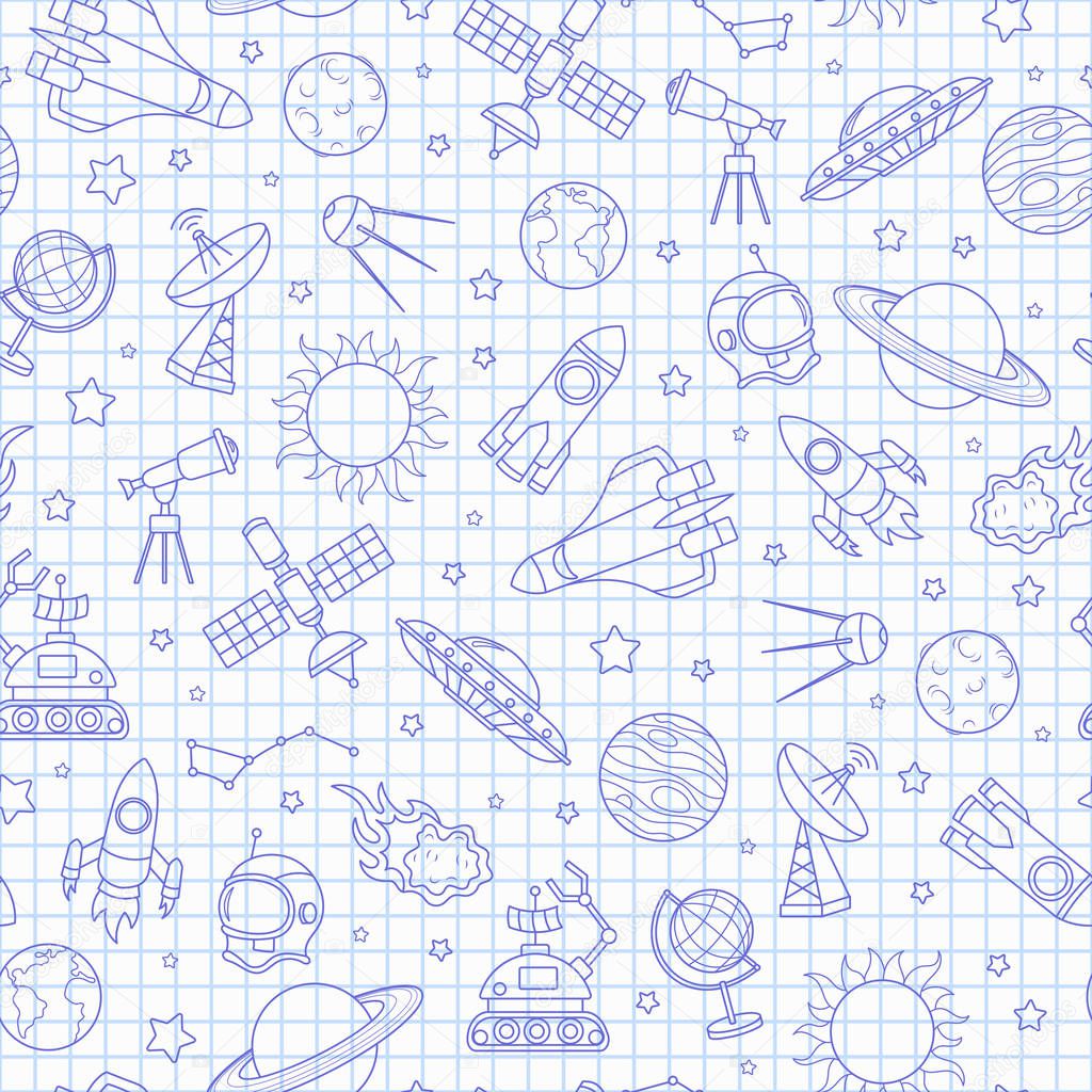 Seamless pattern on the theme of space and space flight, blue  contour  icons on the clean writing-book sheet in a cage