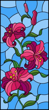 İllüstrasyon mavi arka plan, dikey görüntü üzerinde pembe lilyum bir dalı ile vitray tarzında