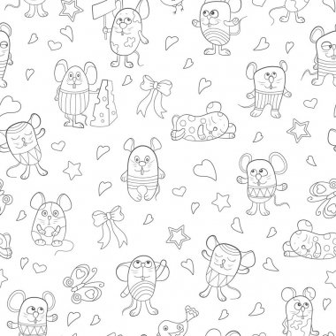 Komik karikatür kontur fareler, beyaz bir arka plan üzerinde koyu anahatları ile Seamless Modeli