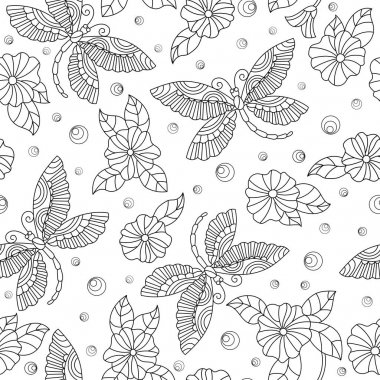 Dikişsiz desen renkli yusufçuk ve çiçeklerle karanlık ışık arka plan üzerinde özetliyor.