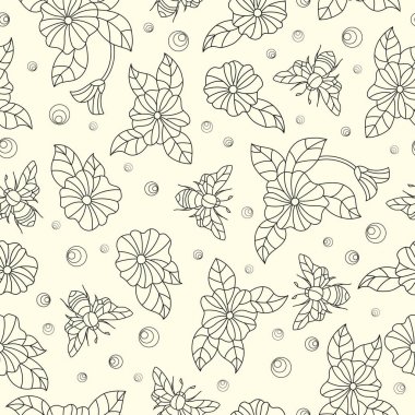 Dikişsiz desen renkli arıları ve çiçeklerle karanlık ışık arka plan üzerinde özetliyor.