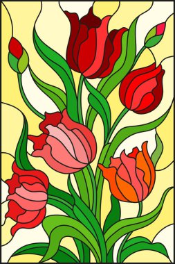 Vitray tarzı bir buket ile sarı bir arka plan üzerinde kırmızı lale çizimi