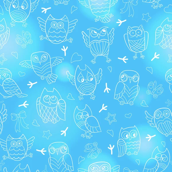 Seamless pattern with contour images of cartoon owls , white outline on a blue background — Stock Vector