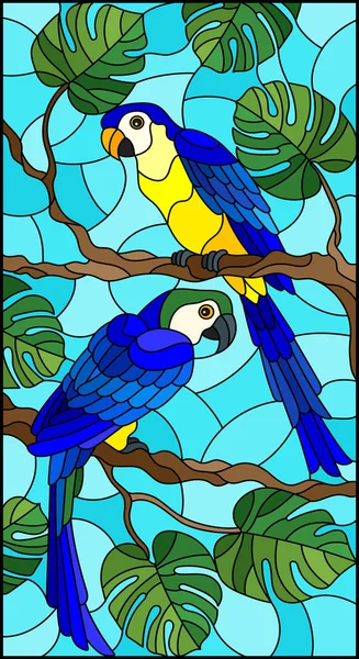 Ilustración en estilo vidriera con par de pájaros periquito en rama árbol tropical contra el cielo — Vector de stock