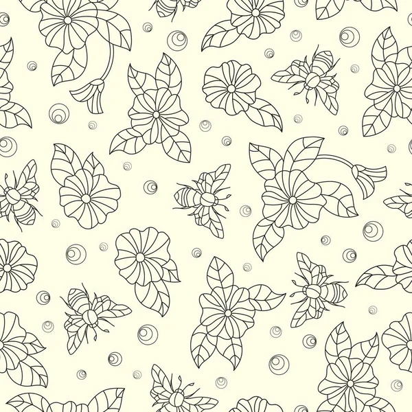 Seamless pattern with colorful bees  and flowers ,dark outlines on light background