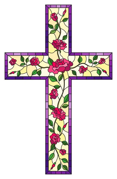 白い背景に分離されたピンクのバラで飾られたステンド グラス スタイル絵画、宗教的テーマのイラスト、キリスト教の十字架の形をしたステンド グラスの窓 — ストックベクタ