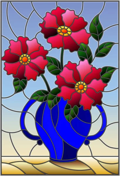 插图在彩色玻璃风格与静物, 粉红色的花朵在一个蓝色的花瓶花束 — 图库矢量图片