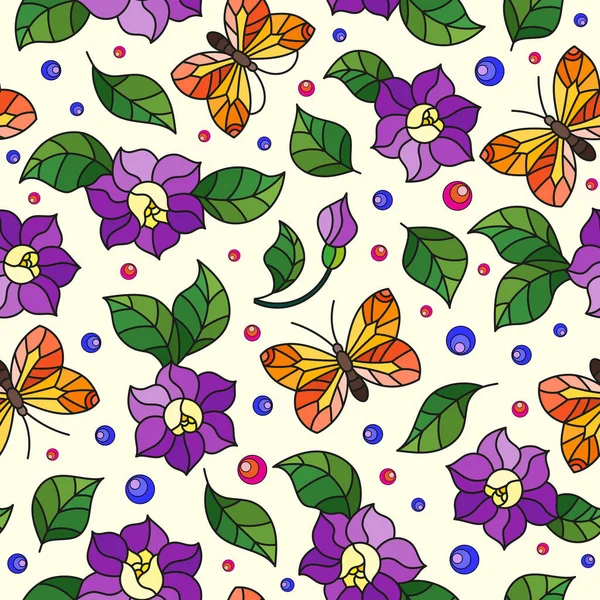 Nahtlose lebendige Muster mit lila Blüten und orangefarbenen Schmetterling auf hellem Hintergrund — Stockvektor