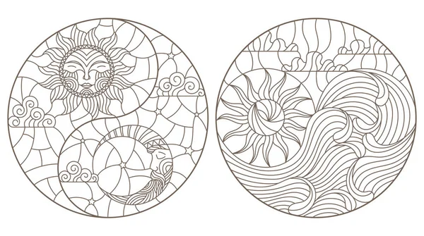 Conjunto de ilustraciones de contorno en vidrieras paisaje abstracto en forma de un círculo, el sol y la luna en el cielo y el sol y el mar, una imagen redonda sobre fondo blanco — Vector de stock