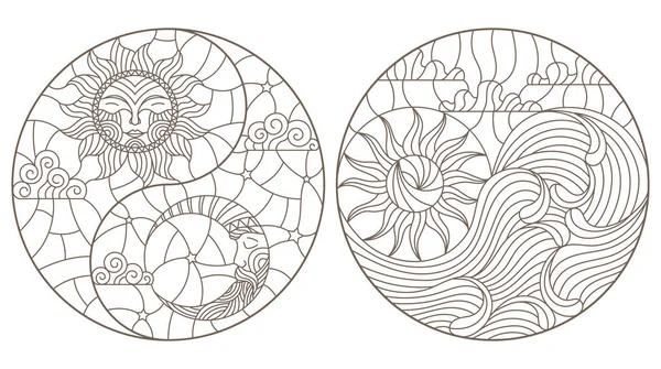 Som contour illustrationer i målat abstrakta landskap i form av en cirkel, solen och månen i himlen och solen och havet, en rund bild på vit bakgrund — Stock vektor