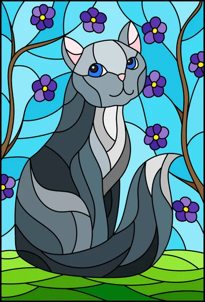 Ilustrace v vitráže stylu s šedá kočka proti obloze a strom větví — Stockový vektor