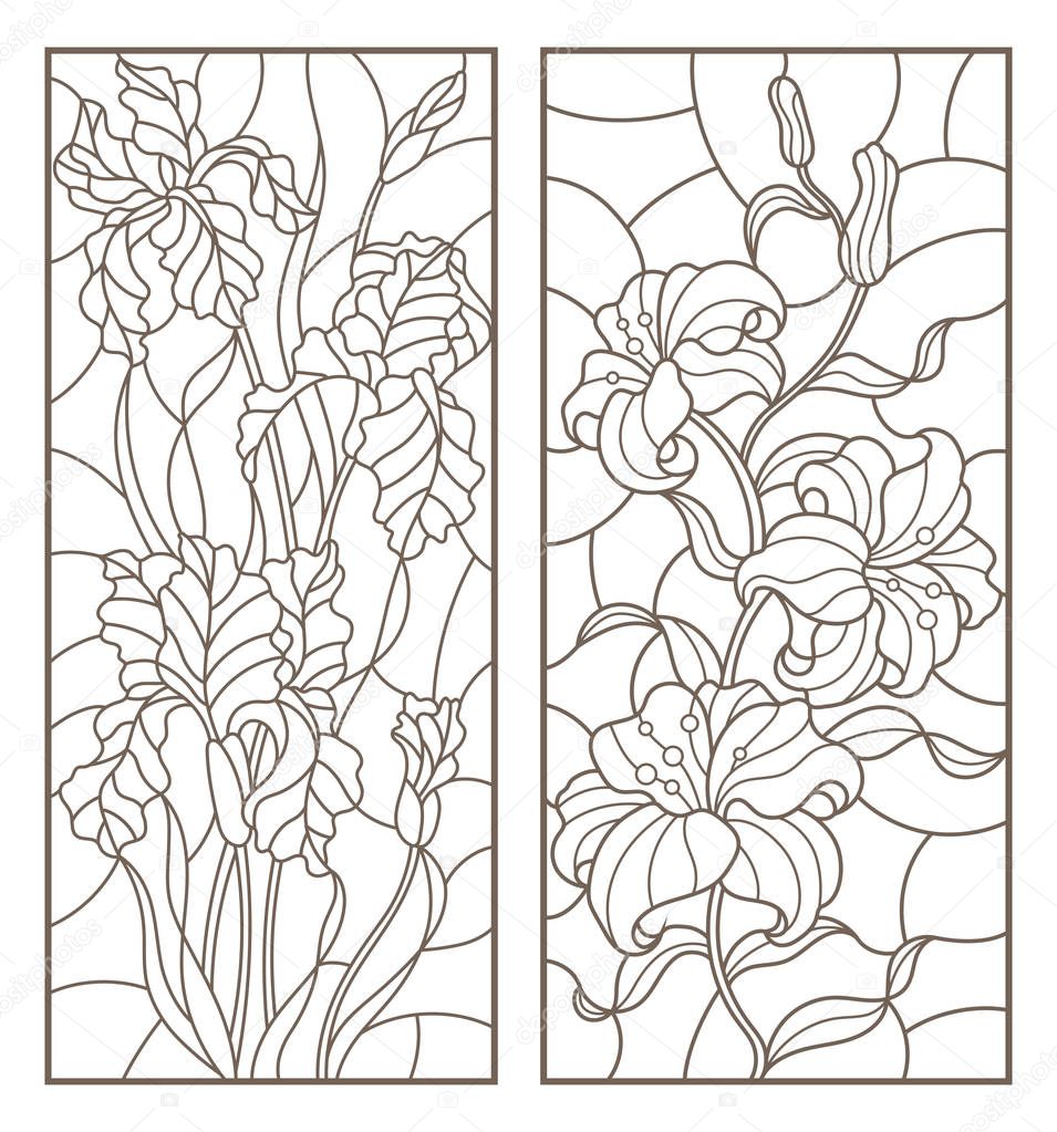 Set of contour stained glass illustrations with bouquets and flowers, lilies and irises, vertically oriented, dark outlines on white background