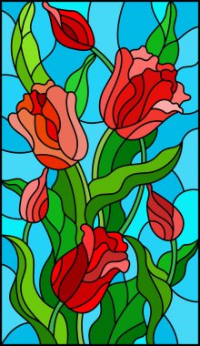 Vitray tarzı bir buket ile mavi bir arka plan üzerinde kırmızı lale çizimi