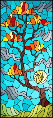 Gökyüzünde sonbahar ağacı, bulutlar ve güneşle renklendirilmiş cam tarzında bir resim.