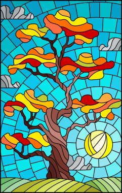 Gökyüzünde sonbahar ağacı, bulutlar ve güneşle renklendirilmiş cam tarzında bir resim.