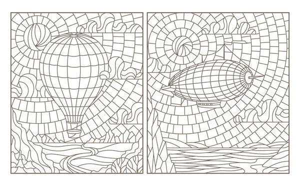Conjunto de ilustraciones de vitrales de contorno con paisaje aéreo, dirigible y globo sobre fondo paisajístico — Vector de stock