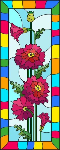Ilustracja w stylu witrażu z bukietem różowy maku na niebieskim tle w jasnej ramki, orientacja pionowa — Wektor stockowy