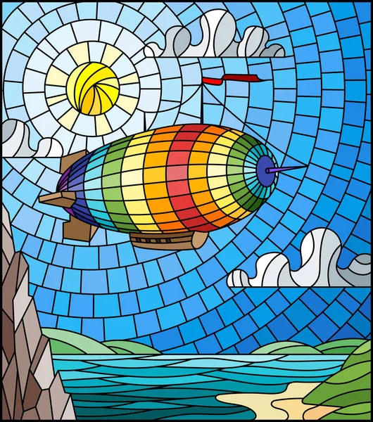 Illustration en vitrail avec un dirigeable arc-en-ciel survolant une plaine avec un lac sur fond de montagnes, ciel nuageux et soleil — Image vectorielle