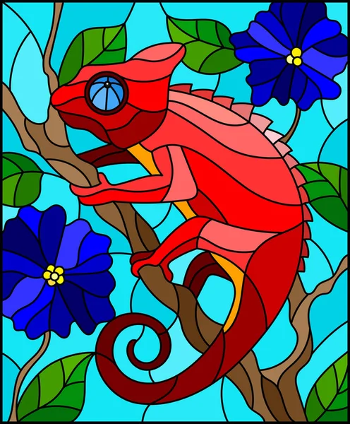 Ilustrace v vitráže stylu s jasně červená chameleon na pozadí rostlin větve s listy a modrými květy na modrém pozadí — Stockový vektor