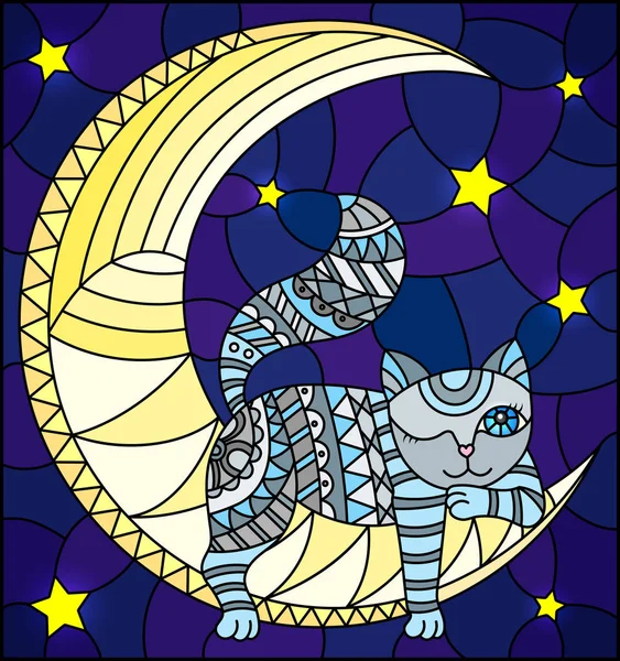 별이 빛나는 하늘 배경에서 달에 누워 멋진 회색 고양이와 스테인드 글라스 스타일 일러스트 — 스톡 벡터