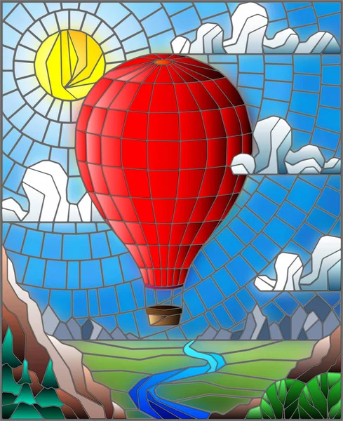 Illustration in stained glass style with a red hot air balloon flying over a plain with a river on a background of mountains, cloudy sky and sun — Stock Vector