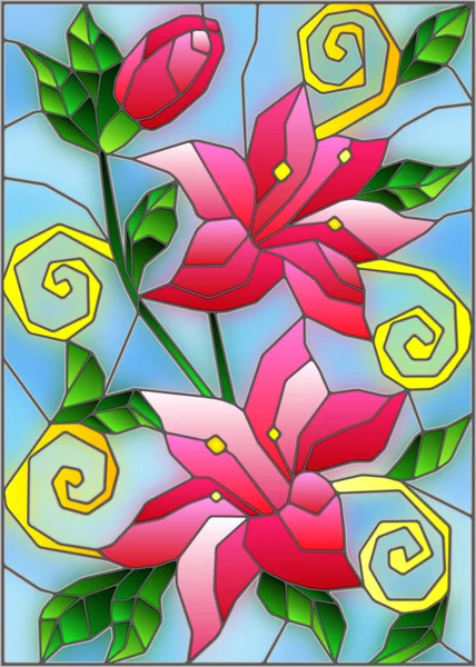 Illustration in stained glass style with flowers and leaves  of pink lilies on a blue background — Stock Vector