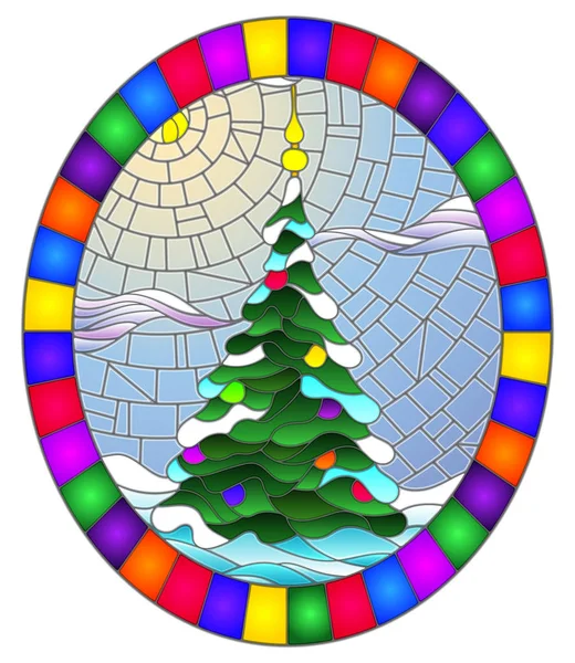 Ilustración en estilo vitral con un árbol de Navidad sobre un fondo de nieve y cielo, ilustración ovalada en marco brillante — Vector de stock