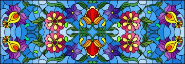 Mavi arka planda soyut girdaplar, çiçekler ve yapraklar ile boyalı cam tarzında resim, yatay yönelim