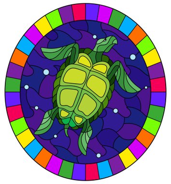 Deniz dalgaları ve hava kabarcıklarının arka planında yeşil deniz kaplumbağası olan boyalı cam bir resim, parlak bir çerçevede oval görüntü