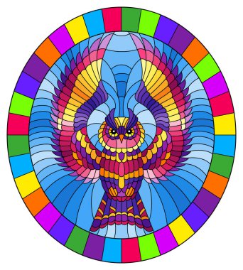 Gökyüzünde uçan soyut parlak baykuş figürlü boyalı cam resim, parlak çerçeveli oval resim