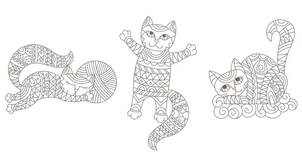 Σύνολο χρωματισμένο γυαλί στοιχεία περίγραμμα με αστεία καρτούν γάτες, απομονωμένες εικόνες σε λευκό φόντο — Διανυσματικό Αρχείο