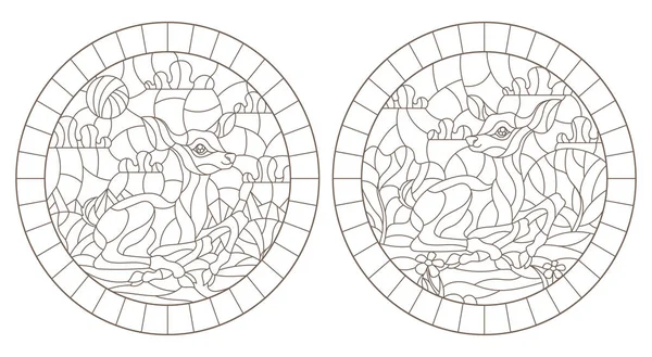 Set de ilustrații de contur de vitralii cu fawns pe fundalul peisajelor, contururi întunecate pe un backgroun alb — Vector de stoc