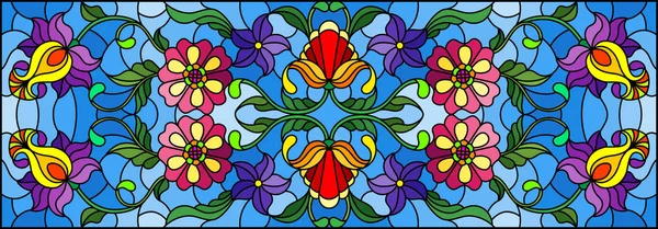 Illustratie in glas-in-lood stijl met abstracte wervelingen, bloemen en bladeren op een blauwe achtergrond, horizontale oriëntatie — Stockvector