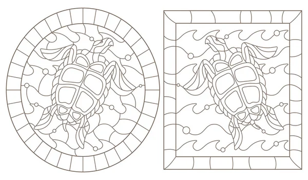 Набор набросков иллюстраций в стиле витража с морскими черепахами в волны, темный контур на белом фоне — стоковый вектор