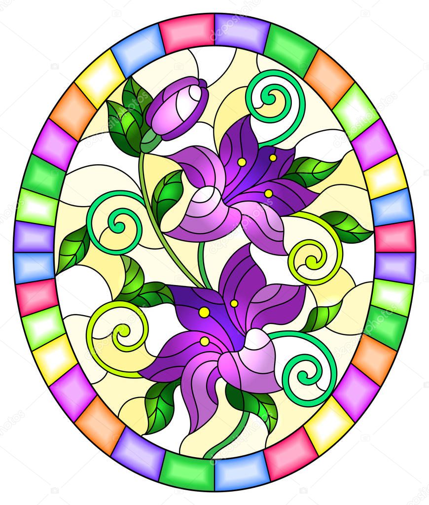 Illustration in stained glass style with flowers and leaves  of lilies on a yellow background, oval image in bright frame