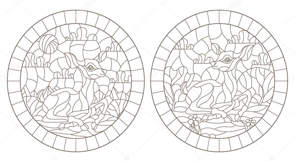 Set of contour illustrations of stained glass Windows with fawns on the background of landscapes, dark contours on a white backgroun