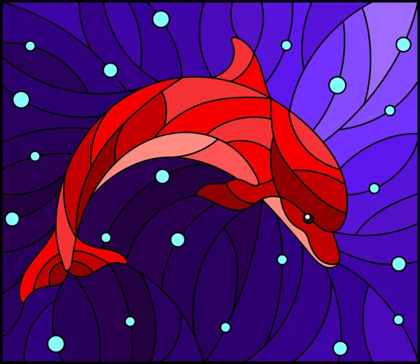 Ilustración en el estilo de vidrieras con delfín rojo abstracto en el fondo de burbujas de agua y aire — Vector de stock