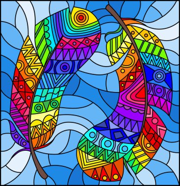 Mavi gökyüzü arka planında parlak desenli gökkuşağı tüyleriyle boyalı cam tarzında bir resim