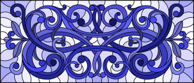 Soyut çiçekleri, açık arkaplanda girdapları ve yaprakları, yatay yönelimi, ton mavisi