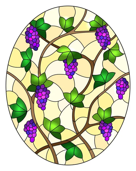 L'illustration en peinture de style vitrail avec une grappe de raisins rouges et feuilles sur fond bleu, image ovale — Image vectorielle