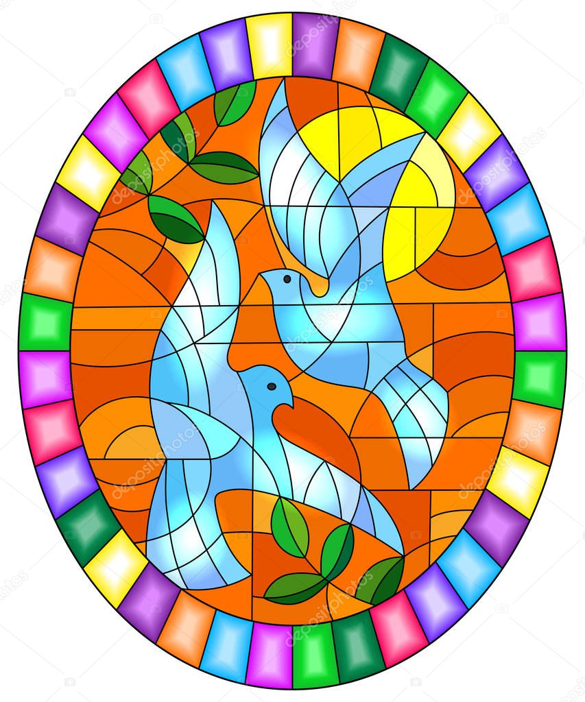 Illustration in stained glass style with a pair of white doves on the background of orange sky , oval picture in a bright frame
