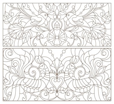 Kuşlar ve çiçeklerle boyanmış vitray çizimleri, beyaz arka planda koyu renk çizgiler.