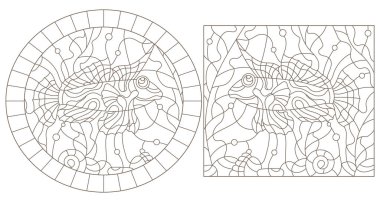 Mandarin balığıyla renklendirilmiş camların çizimleri, beyaz arka planda koyu çizgiler.